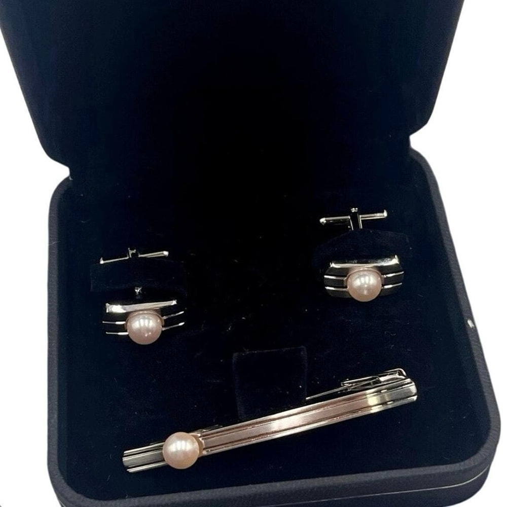 Japanese Vintage Akoya Pearl Tie Clip Cuff Link Set 2013 Japan 10k Gold Plated
